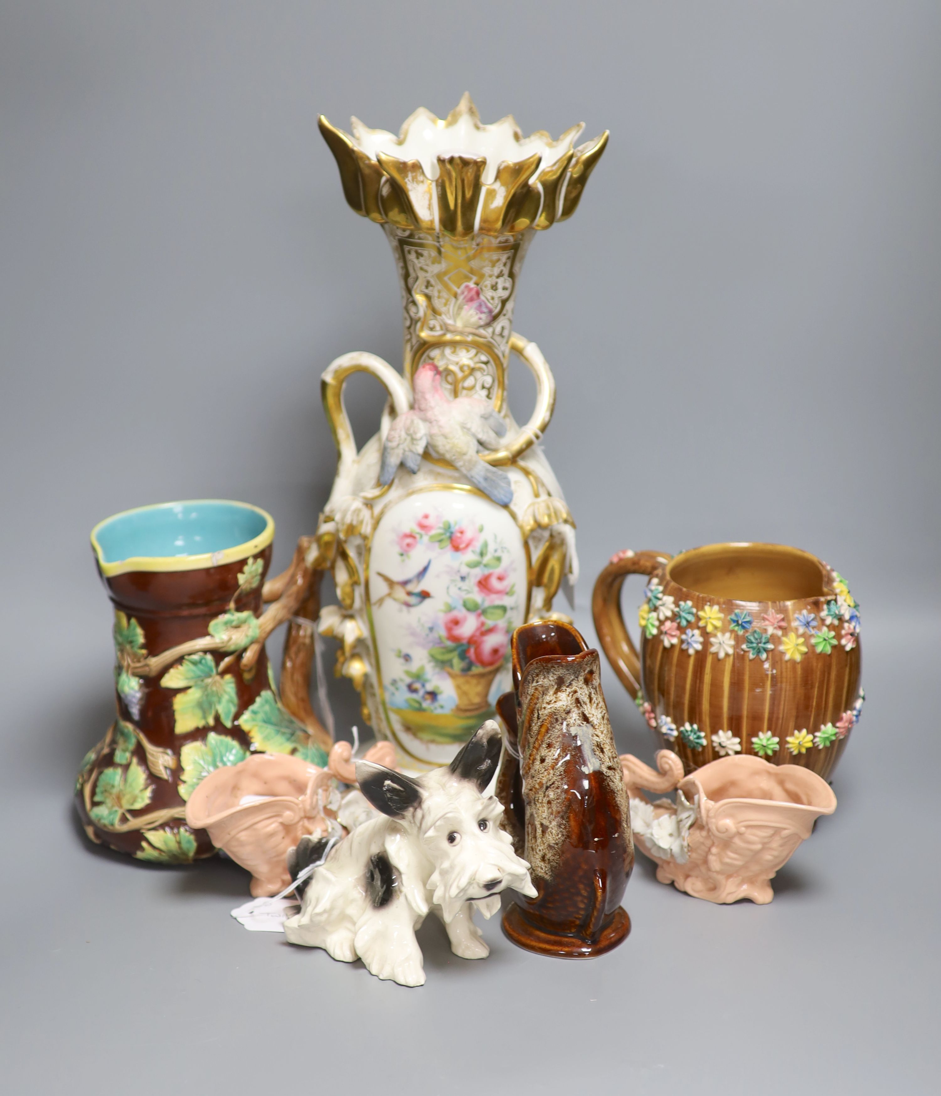 A Continental porcelain vase (converted to electricity) and sundry ceramics,